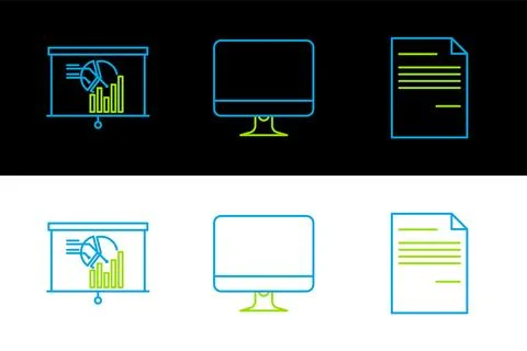Set line Document, Board with graph chart and Computer monitor screen icon Stock Illustration
