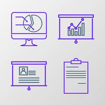 Set line Document, Board with resume, graph chart and Computer monitor icon Illustrazione stock