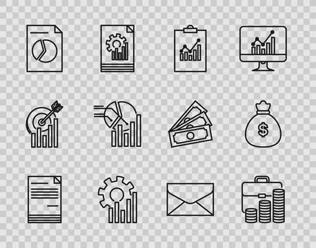 Set line Document, Briefcase and coin, Clipboard with graph chart, Pie infogr 스톡 일러스트