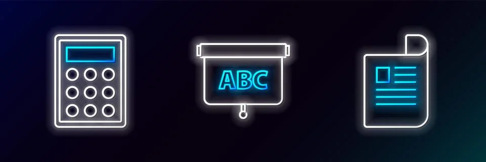 Set line Document, Calculator and Chalkboard icon. Glowing neon. Vector Stock Illustration