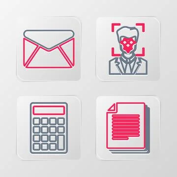 Set line Document, Calculator, Face recognition and Envelope icon. Vector Illustrazione stock