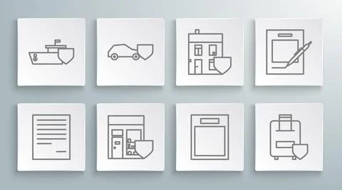 Set line Document, Car with shield, Shopping building, Empty form, Traveling Ilustración de archivo