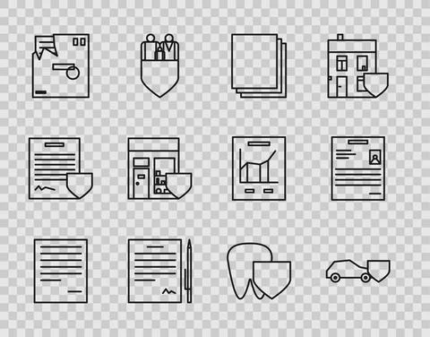 Set line Document, Car with shield, Clean paper, Contract pen, Ordered envelope Stock Illustration