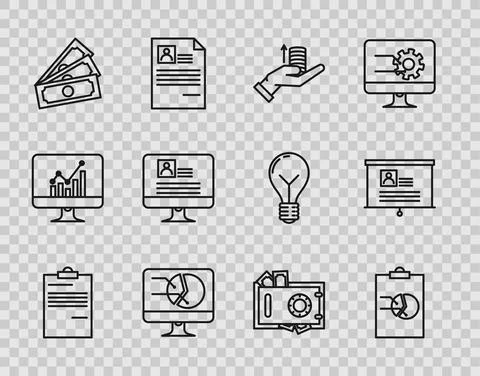 Set line Document, Clipboard with graph chart, Money on hand, Computer monitor Stock Illustration