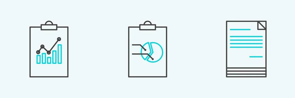 Set line Document, Clipboard with graph chart and icon. Vector Stock Illustration