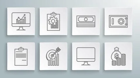 Set line Document, Clipboard with graph chart, Target, Computer monitor screen イラスト素材