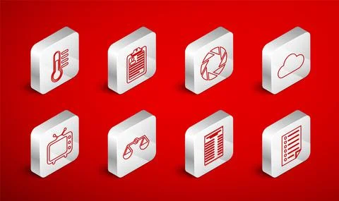 Set line Document, Clipboard with resume, Camera shutter, Cloud, Paper or 스톡 일러스트