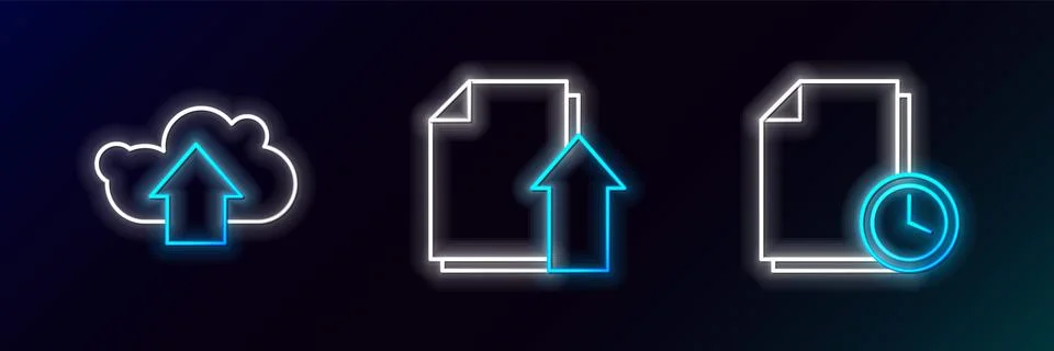 Set line Document with clock, Cloud upload and Upload file document icon Stock Illustration