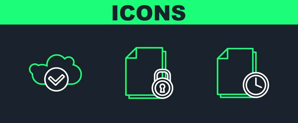 Set line Document with clock, Cloud check mark and and icon. Vector Illustrazione stock