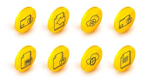 Set line Document, Cloud and shield, Delete file document, PDF, folder, Add.. Stock Illustration