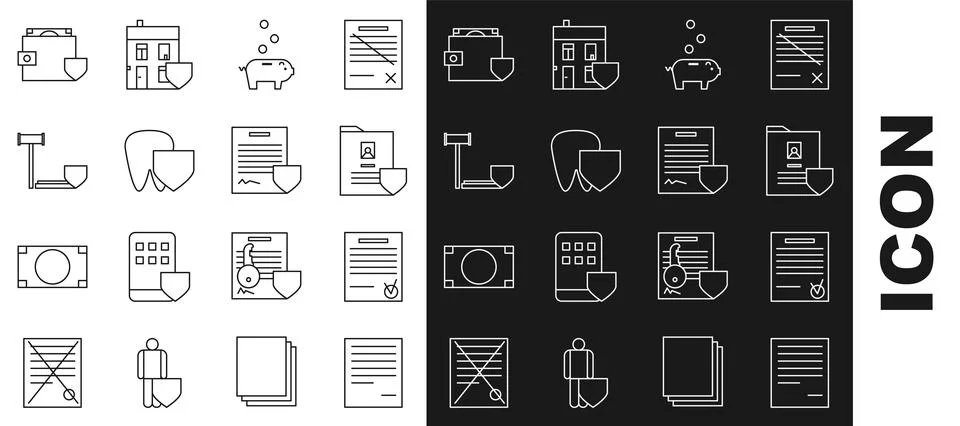 Set line Document, Confirmed document and check mark, with shield, Piggy bank 库存插图