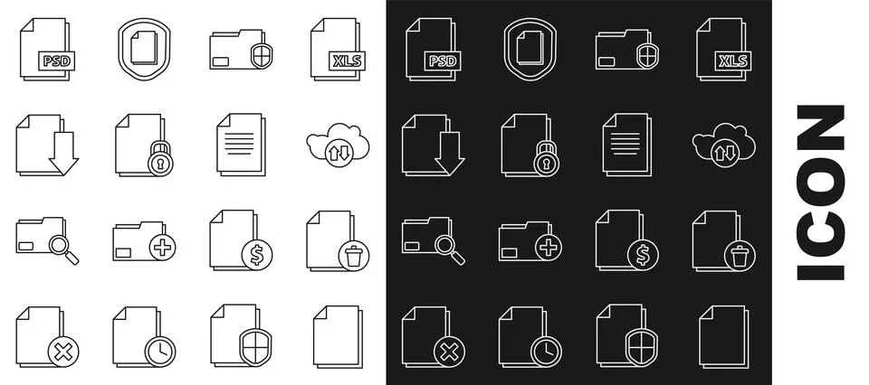 Set line Document, Delete file document, Cloud download and upload, folder .. Stock Illustration