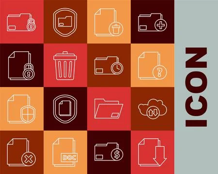 Set line Document with download, Cloud and upload, Unknown document, Delete.. Stock Illustration