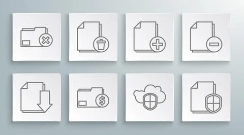 Set line Document with download, Delete file document, Finance folder, Cloud and Stock Illustration