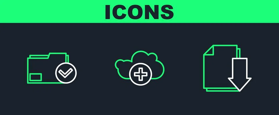 Set line Document with download, folder and check mark and Add cloud icon. Ve イラスト素材