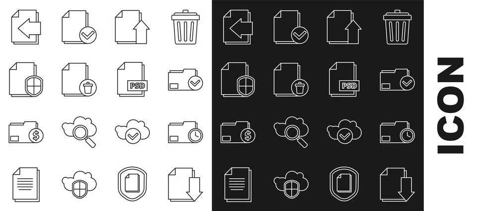Set line Document with download, folder clock, and check mark, Upload file .. Stock Illustration