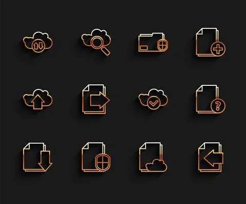 Set line Document with download, protection concept, Cloud and upload, storage Illustrazione stock
