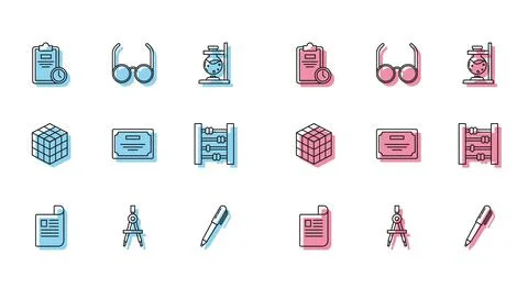 Set line Document, Drawing compass, Exam sheet with clock, Pen, Certificate Stock Illustration