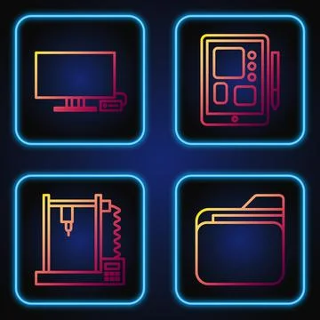 Set line Document folder, 3D printer, Smart Tv and Graphic tablet. Gradient.. Stock Illustration