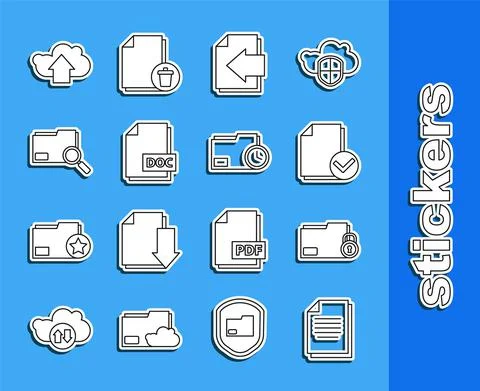 Set line Document, Folder and lock, check mark, Next page arrow, DOC file Illustrazione stock