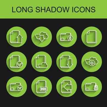 Set line Document folder and check mark, DOC file document, Upload, Next page 스톡 일러스트