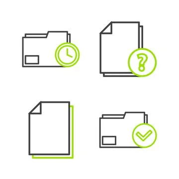 Set line Document folder and check mark Unknown document and with clock icon. Stock Illustration