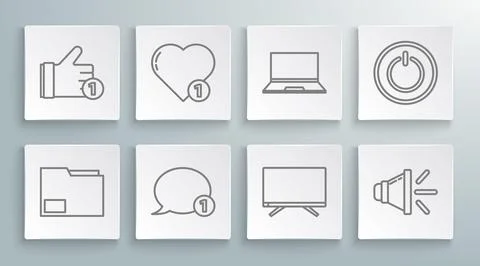 Set line Document folder, Like and heart, Speech bubble chat, Smart Tv, Speak Illustration