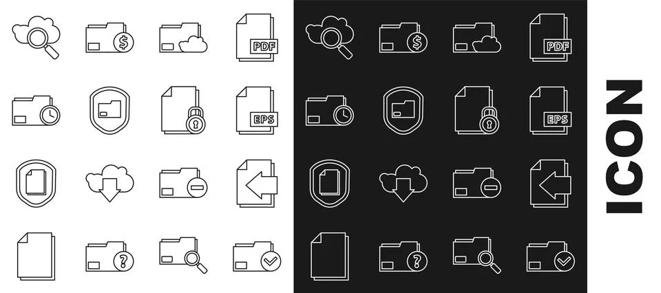 Set line Document folder and check mark, Next page arrow, EPS file document Stock Illustration