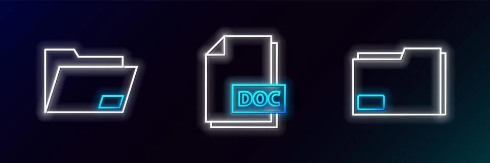 Set line Document folder, and DOC file document icon. Glowing neon. Vector Illustrazione stock