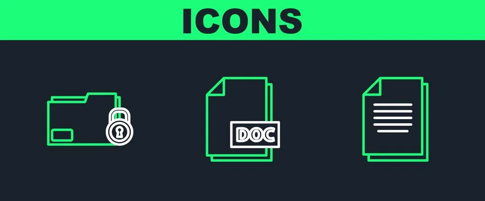 Set line Document, Folder and lock and DOC file document icon. Vector Illustrazione stock