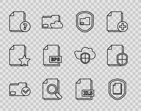 Set line Document folder and check mark, protection concept, with search, U.. Illustrazione stock
