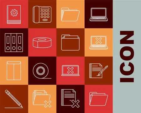 Set line Document folder, Blank notebook and pen, Laptop cross mark on screen Illustrazione stock