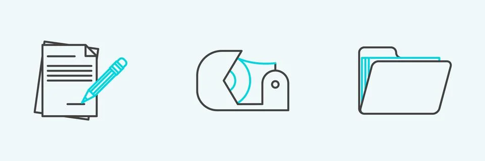 Set line Document folder, Blank notebook and pencil with eraser and Scotch ic Illustrazione stock