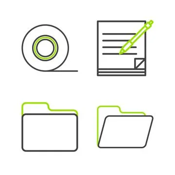 Set line Document folder, Blank notebook and pen and Scotch icon. Vector Stock Illustration