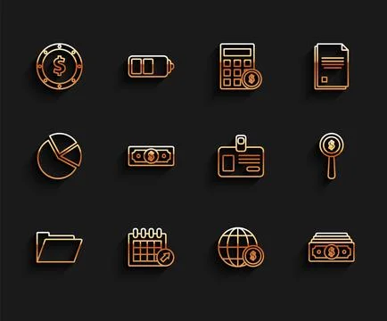 Set line Document folder, Calendar, Coin money with dollar symbol, Earth glob Stockillustratie