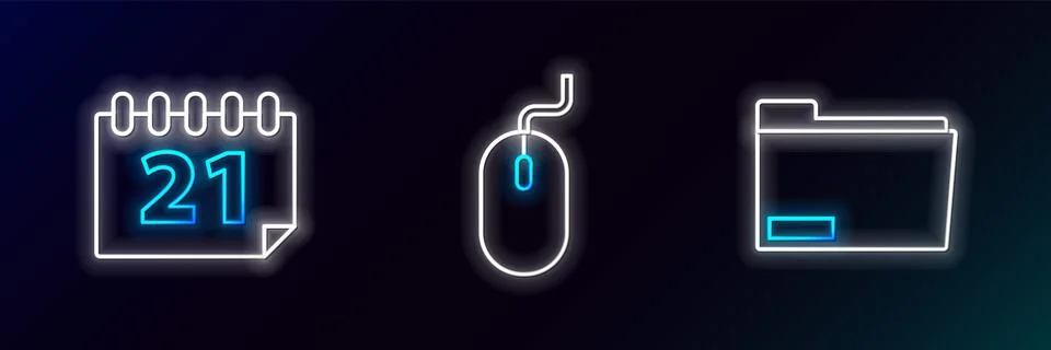 Set line Document folder, Calendar and Computer mouse icon. Glowing neon. V.. Stock Illustration