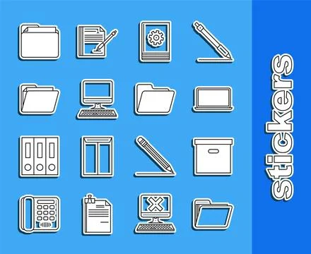 Set line Document folder, Carton cardboard box, Laptop, User manual, Comput.. Illustrazione stock