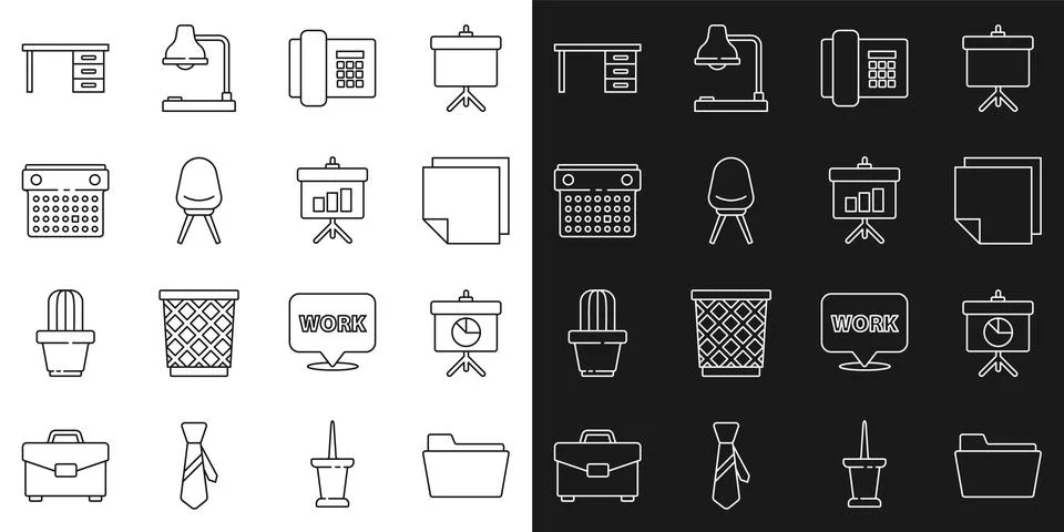 Set line Document folder, Chalkboard with diagram, Post note stickers, Telephone Stock Illustration