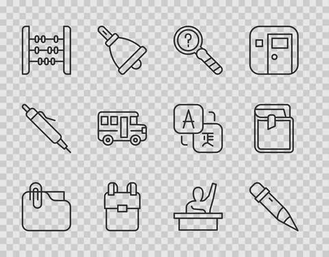 Set line Document folder with clip, Pencil eraser, Unknown search, School Stock Illustration