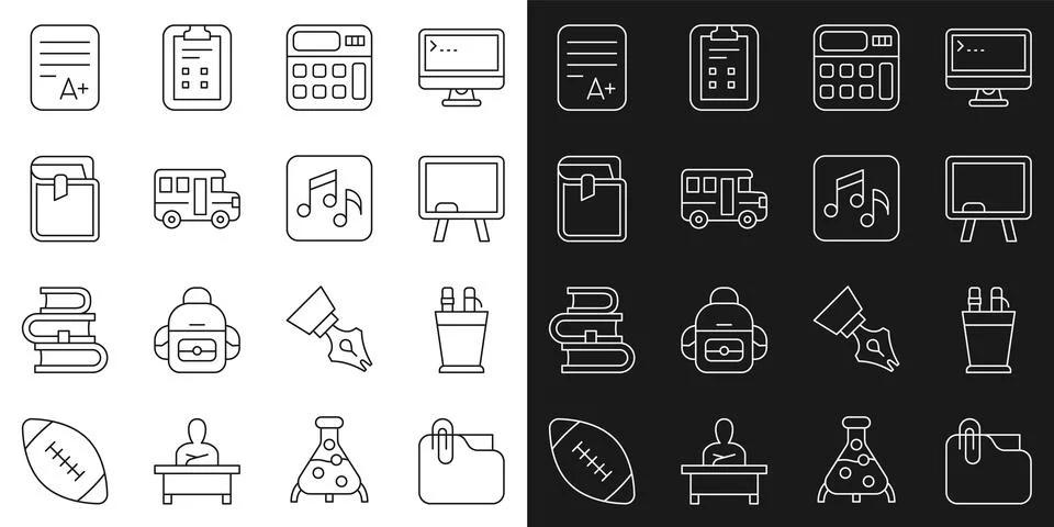 Set line Document folder with clip, Pencil case stationery, Chalkboard Stock Illustration
