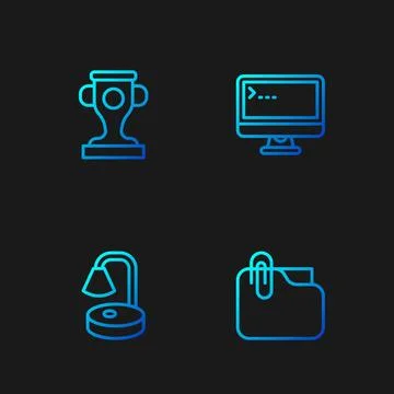 Set line Document folder with clip, Table lamp, Award cup and Computer moni.. Stock Illustration