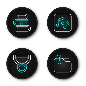Set line Document folder with clip, Medal, Music note, tone and Book icon. .. Stock Illustration