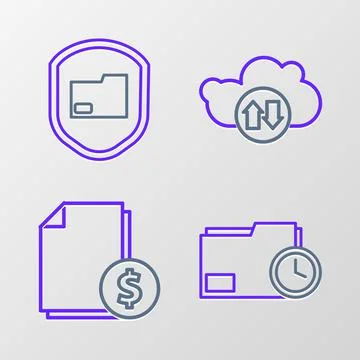 Set line Document folder with clock, Finance document, Cloud download and upload Illustrazione stock