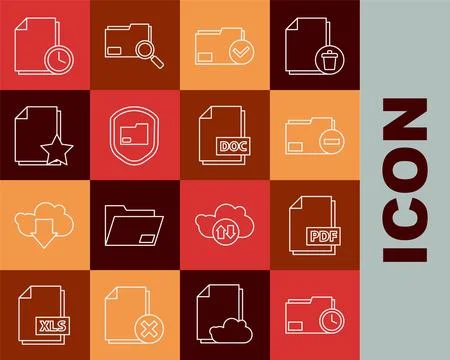 Set line Document folder with clock, PDF file document, minus, and check mark Stockillustratie