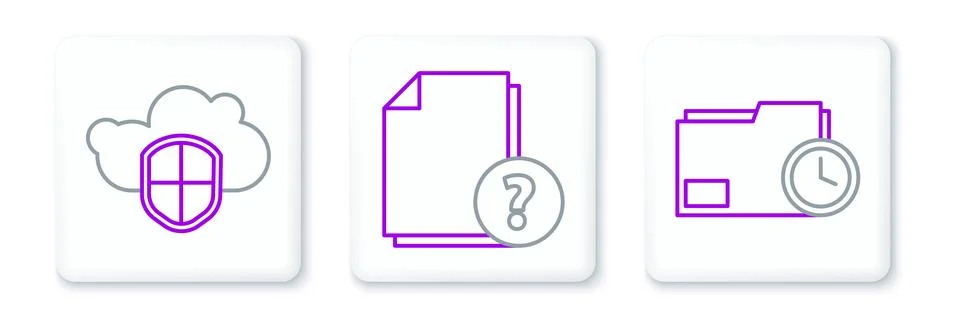 Set line Document folder with clock, Cloud and shield and Unknown document icon Stock Illustration