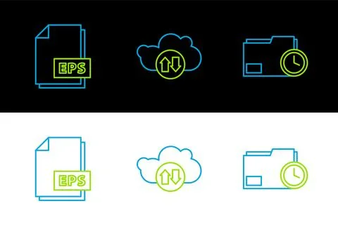 Set line Document folder with clock, EPS file document and Cloud download and Stock Illustration