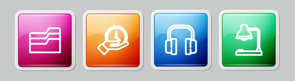 Set line Document folder, Clock, Headphones and Table lamp. Colorful square.. Stockillustratie