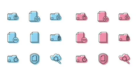 Set line Document folder with clock, protection concept, Delete, Search clo.. Ilustração Stock