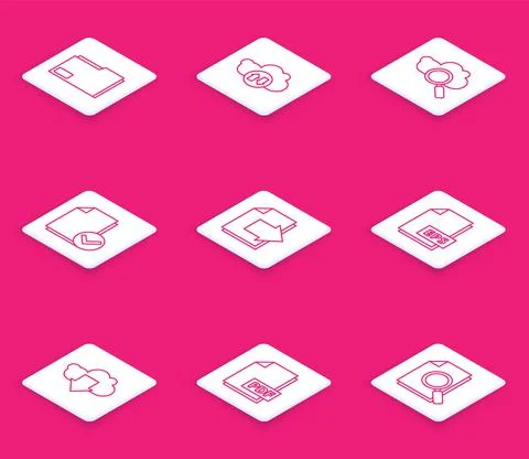 Set line Document folder, Cloud download and upload, Search cloud computing Stockillustratie