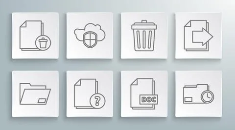 Set line Document folder, Cloud and shield, Unknown document, DOC file, with Illustrazione stock